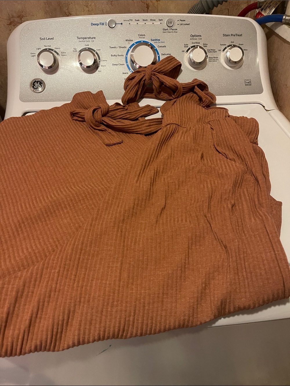 American Eagle Outfitters Ribbed Tie-Shoulder Jumpsuit — Rust